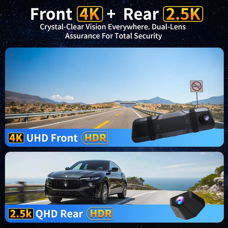 QOZ Mirror Dual Dash Camera with Voice Control,4K+2.5K 10" Rear View Mirror Camera with 5.8GHz WiFi and APP Control, WDR Night Vision, Loop Recording, G-Sensor, Parking Monitor 64GB Card Included - Image 2